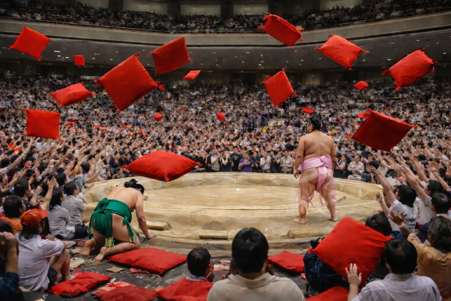 土俵に座布団が舞う様子